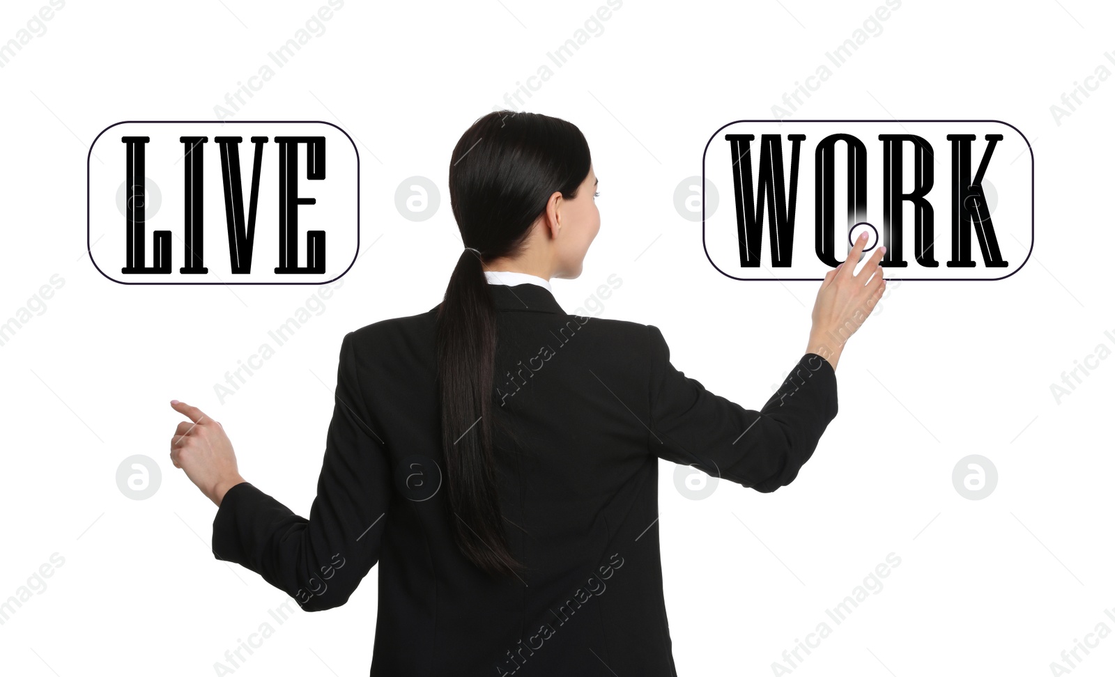 Image of Young businesswoman on white background. Concept of balance between life and work 