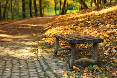 Photo of Wooden bench, pathway and fallen leaves in beautiful park on autumn day, Space for text