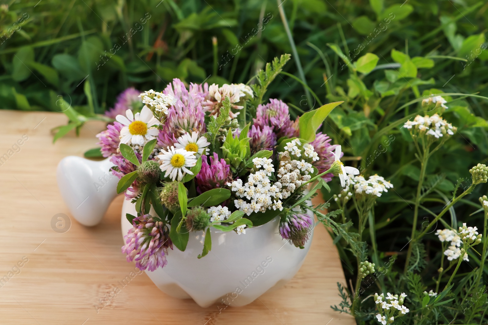 Photo of Ceramic mortar with pestle, different wildflowers and herbs on green grass outdoors