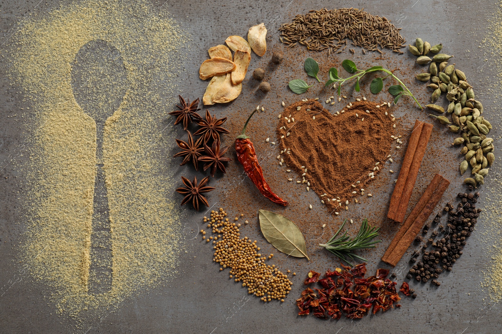 Photo of Flat lay composition with different spices and silhouette of spoon on grey textured table