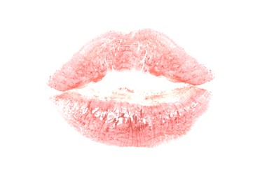 Coral lipstick kiss mark isolated on white