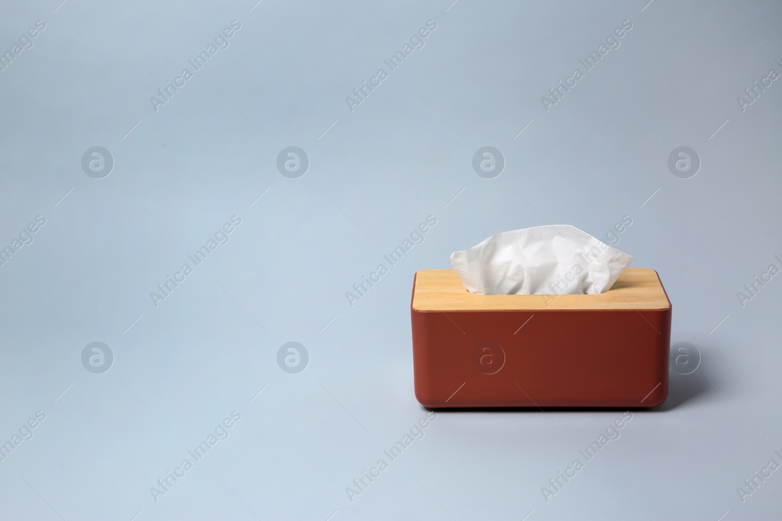 Photo of Holder with paper tissues on light grey background. Space for text