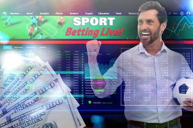 Image of Multiple exposure with sports betting website page, money and emotional man