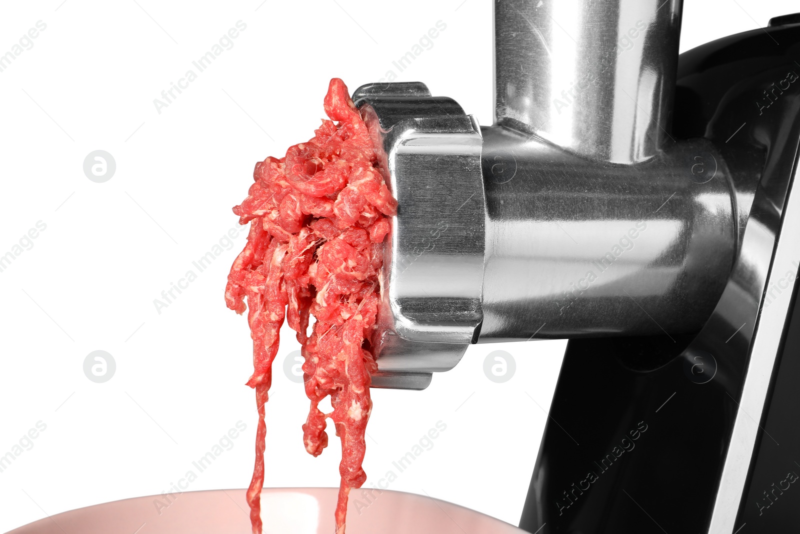 Photo of Electric meat grinder with beef mince isolated on white