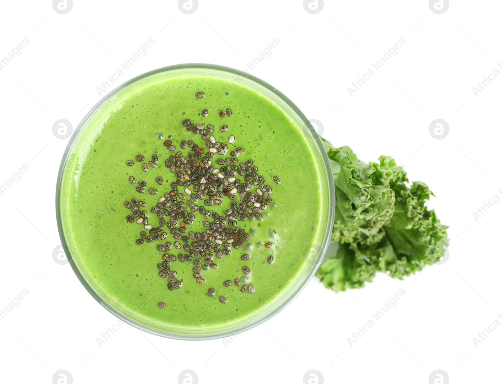 Photo of Tasty fresh kale smoothie on white background, top view