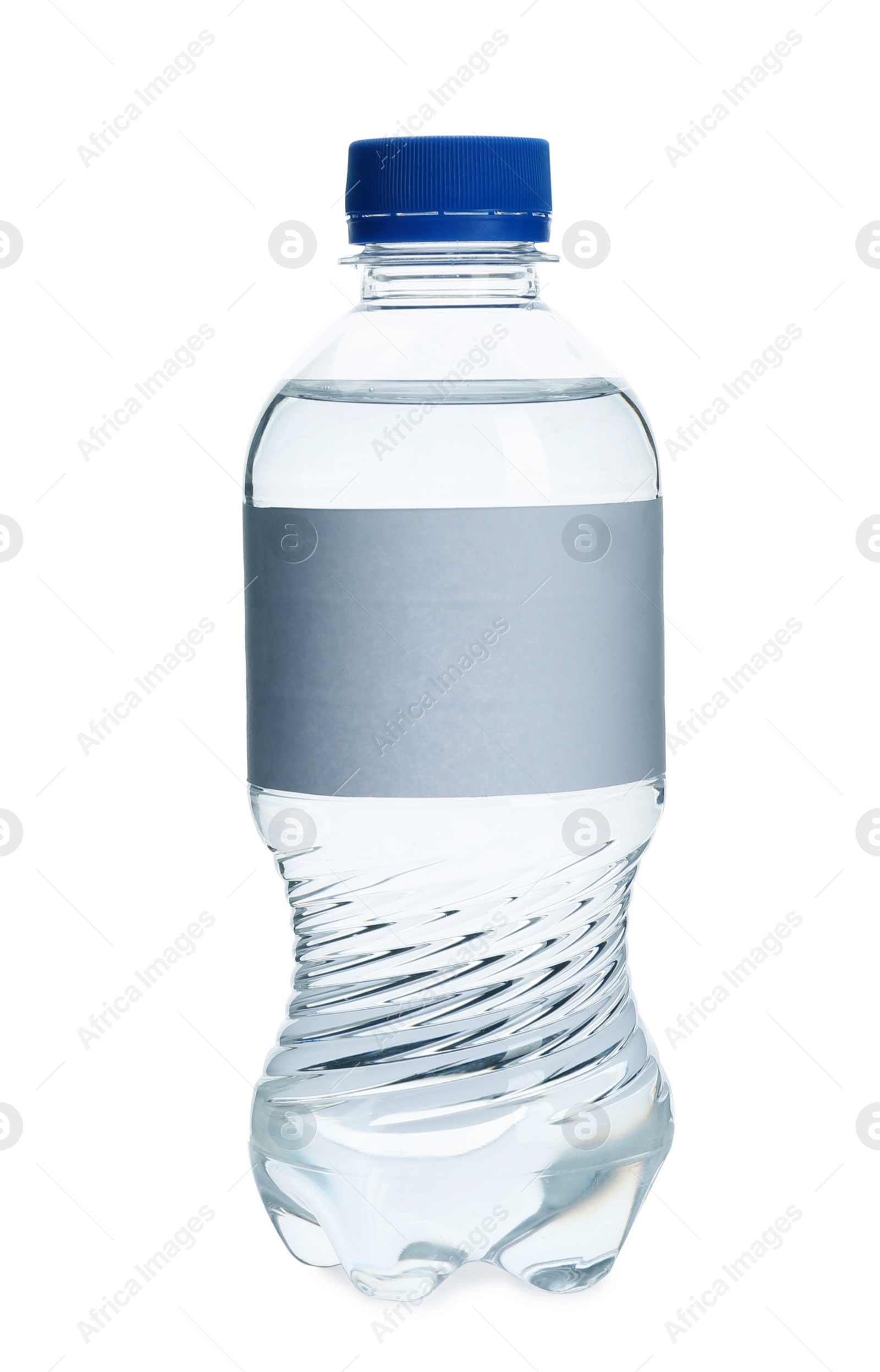 Photo of Fresh water in plastic bottle with empty label on white background. Space for design