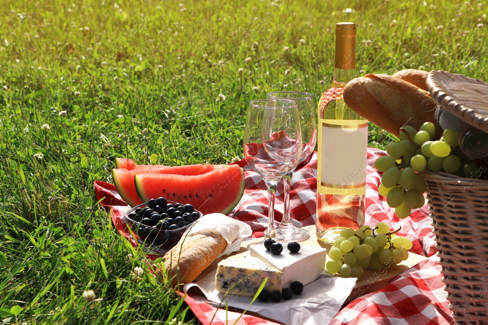 Photo of Picnic blanket with delicious food and wine outdoors on summer day