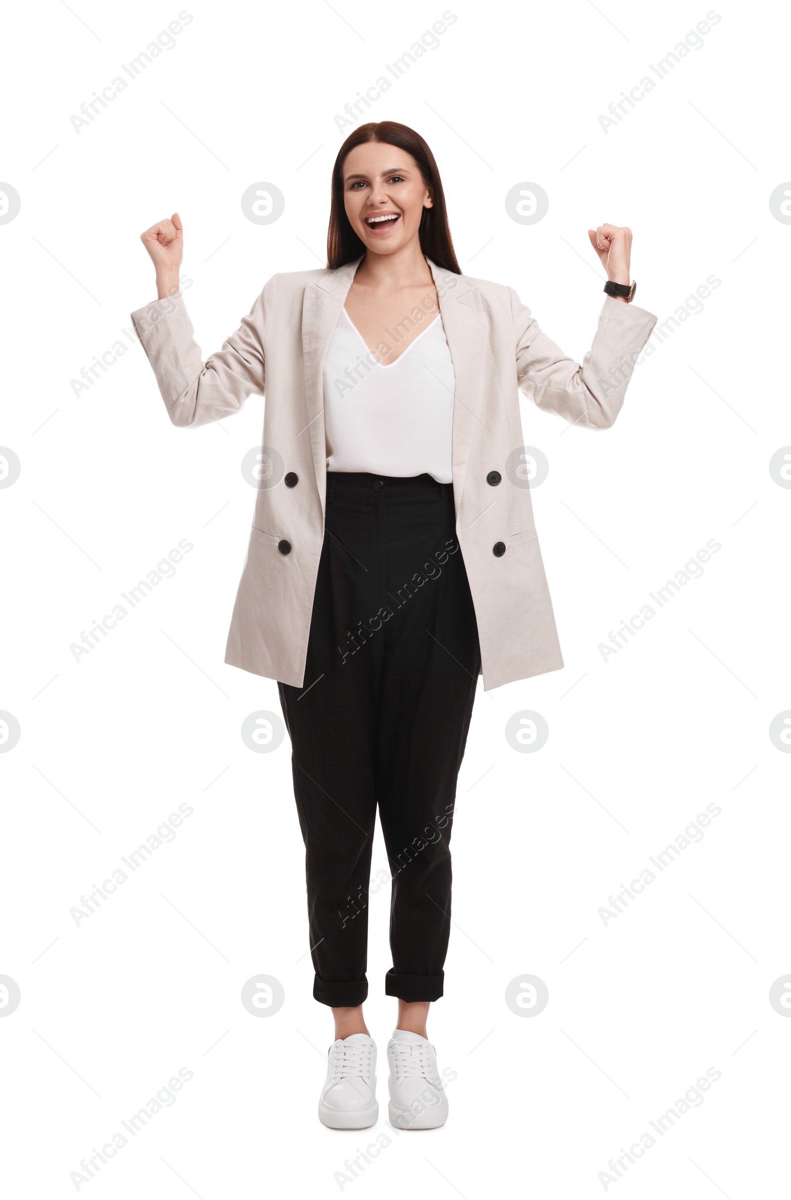 Photo of Beautiful young businesswoman in suit on white background