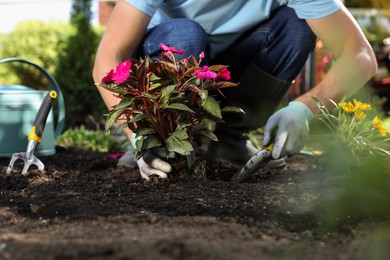 Man planting flowers outdoors, closeup. Gardening time