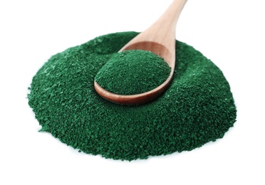 Photo of Spoon and heap of spirulina algae powder on white background