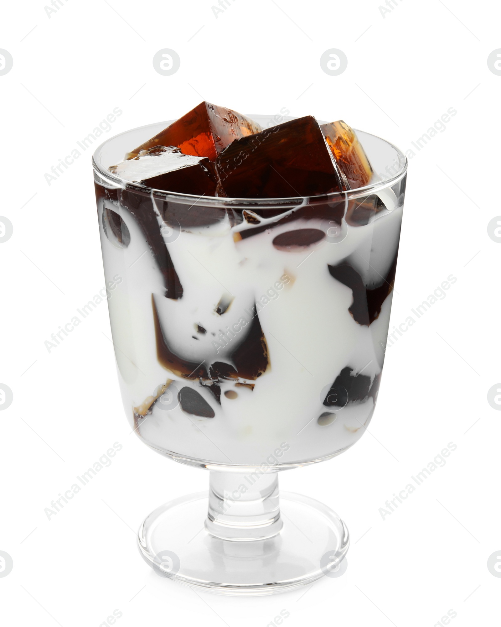 Photo of Glass of milk with delicious grass jelly isolated on white