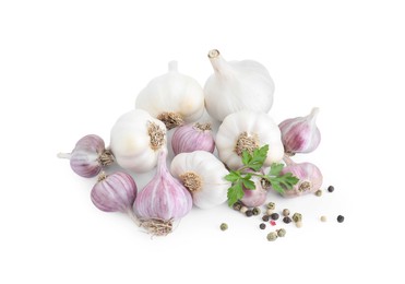 Photo of Fresh garlic heads and spices isolated on white, top view