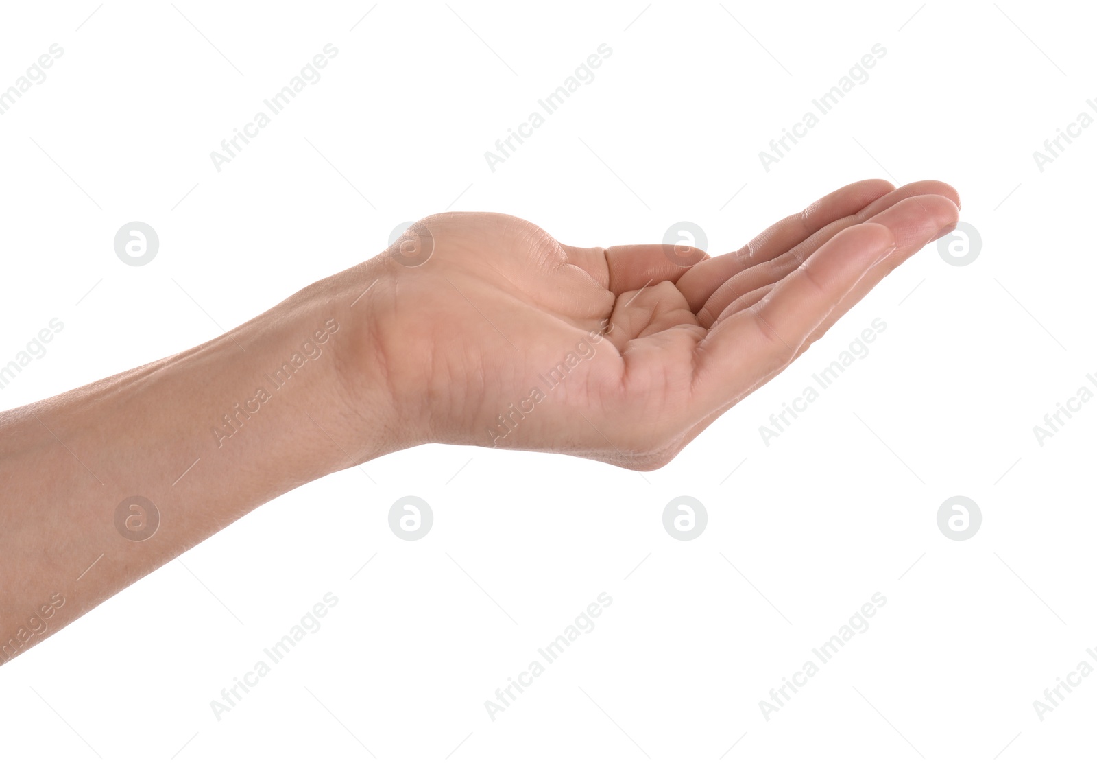 Photo of Man holding something in hand on white background, closeup