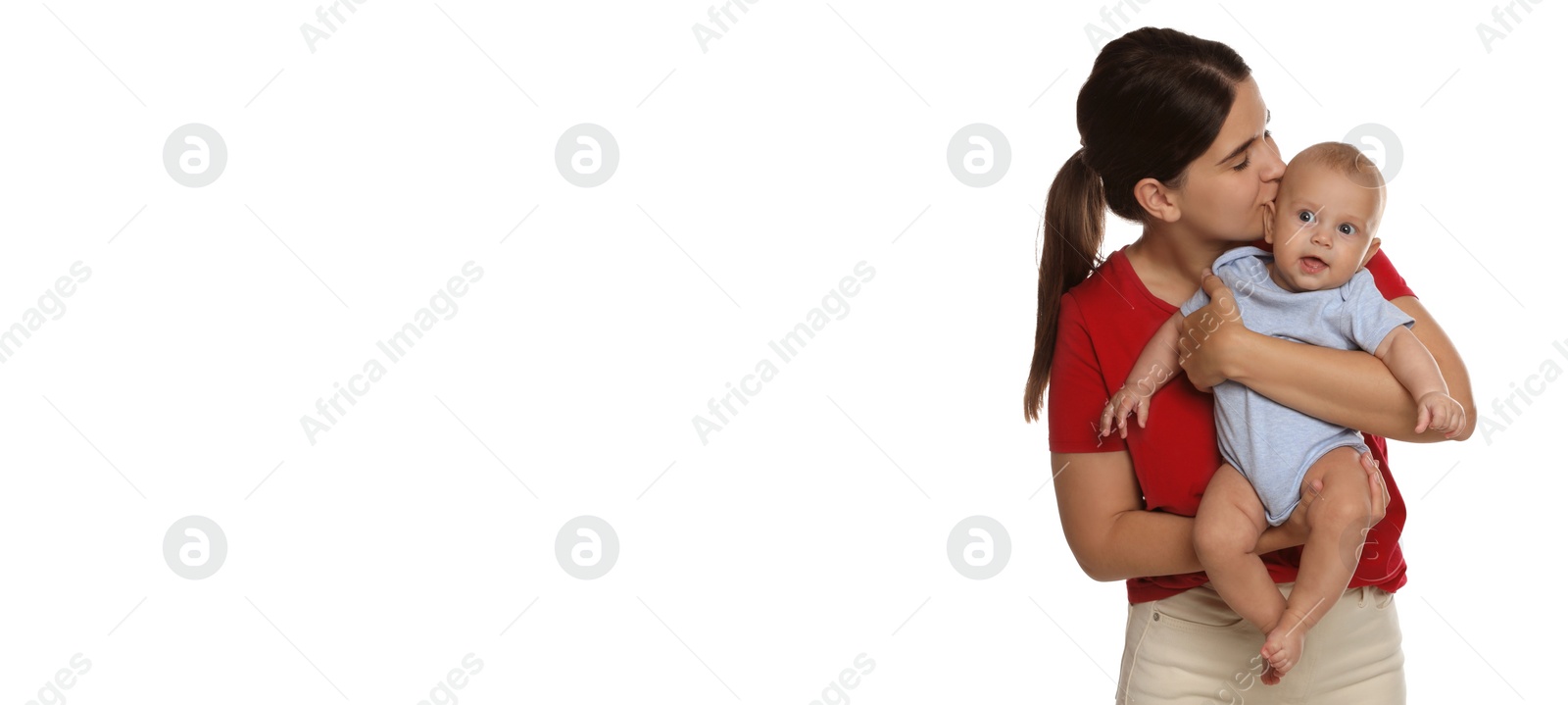 Image of Beautiful mother with her cute baby on white background. Banner design 