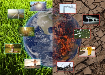 Image of Environmental pollution. Collage divided into clean and contaminated Earth. Globe with photos against green grass on one side and cracked soil on the other