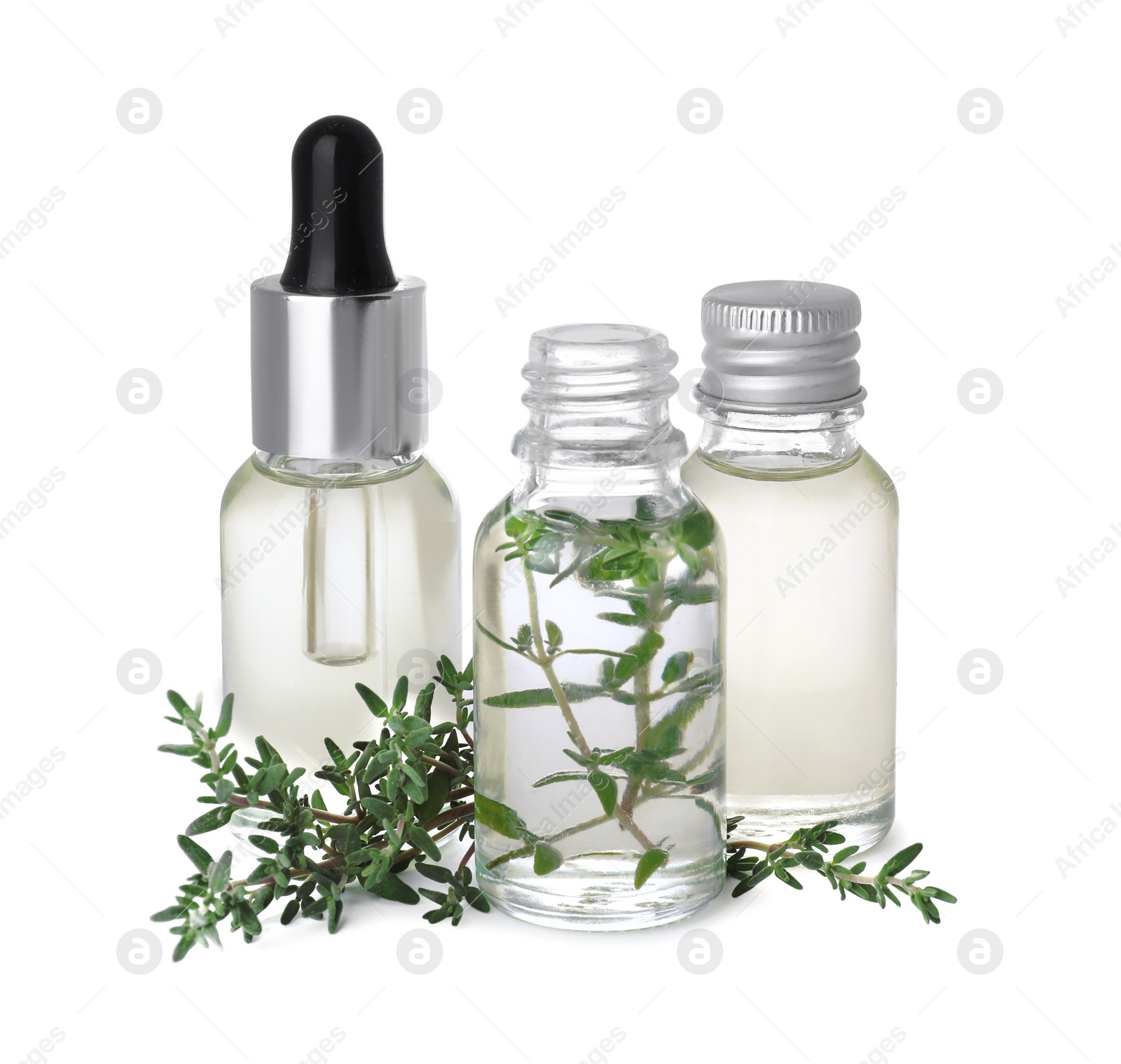 Photo of Bottles of thyme essential oil and fresh plant isolated on white