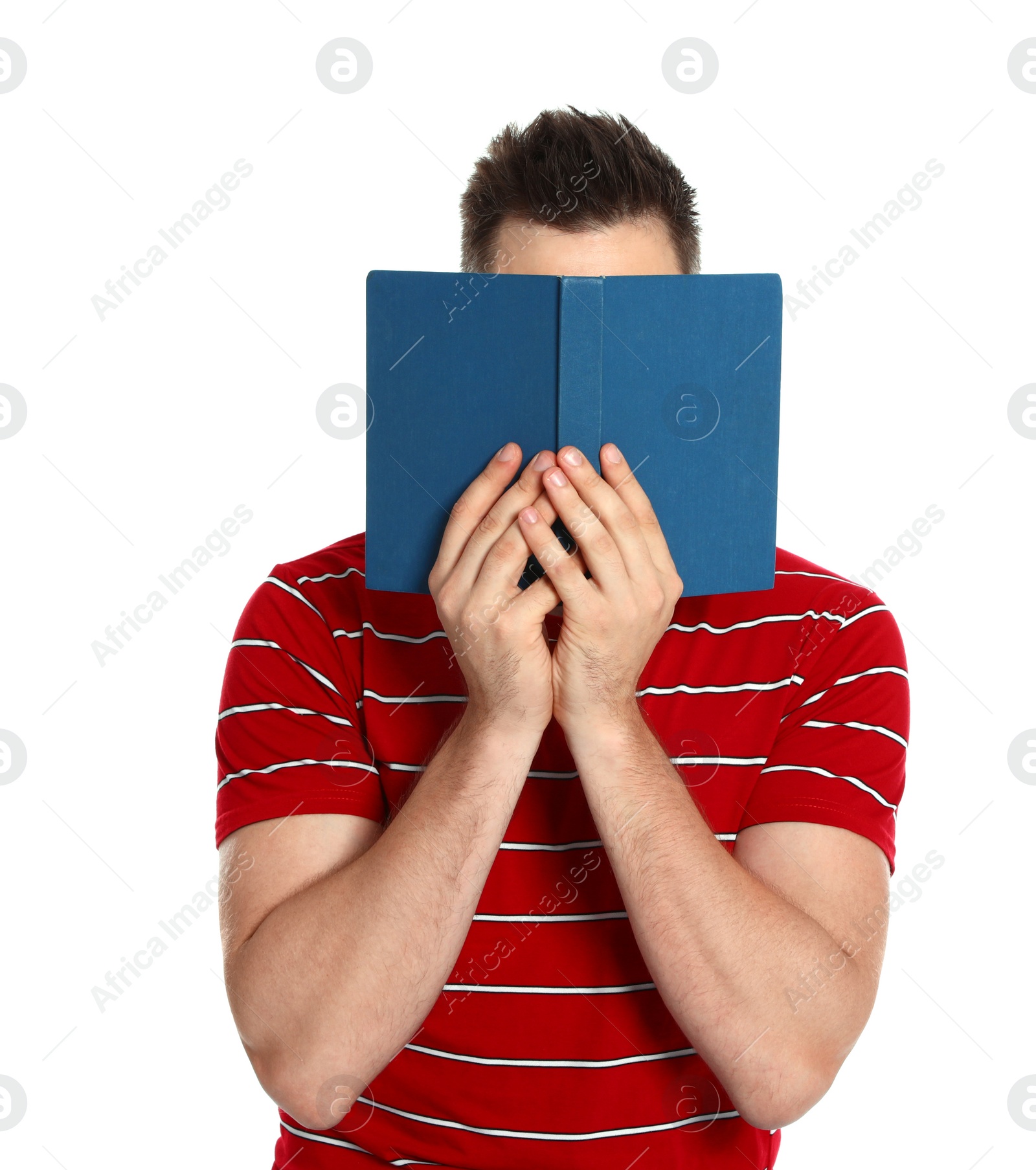Photo of Man reading interesting book on white background
