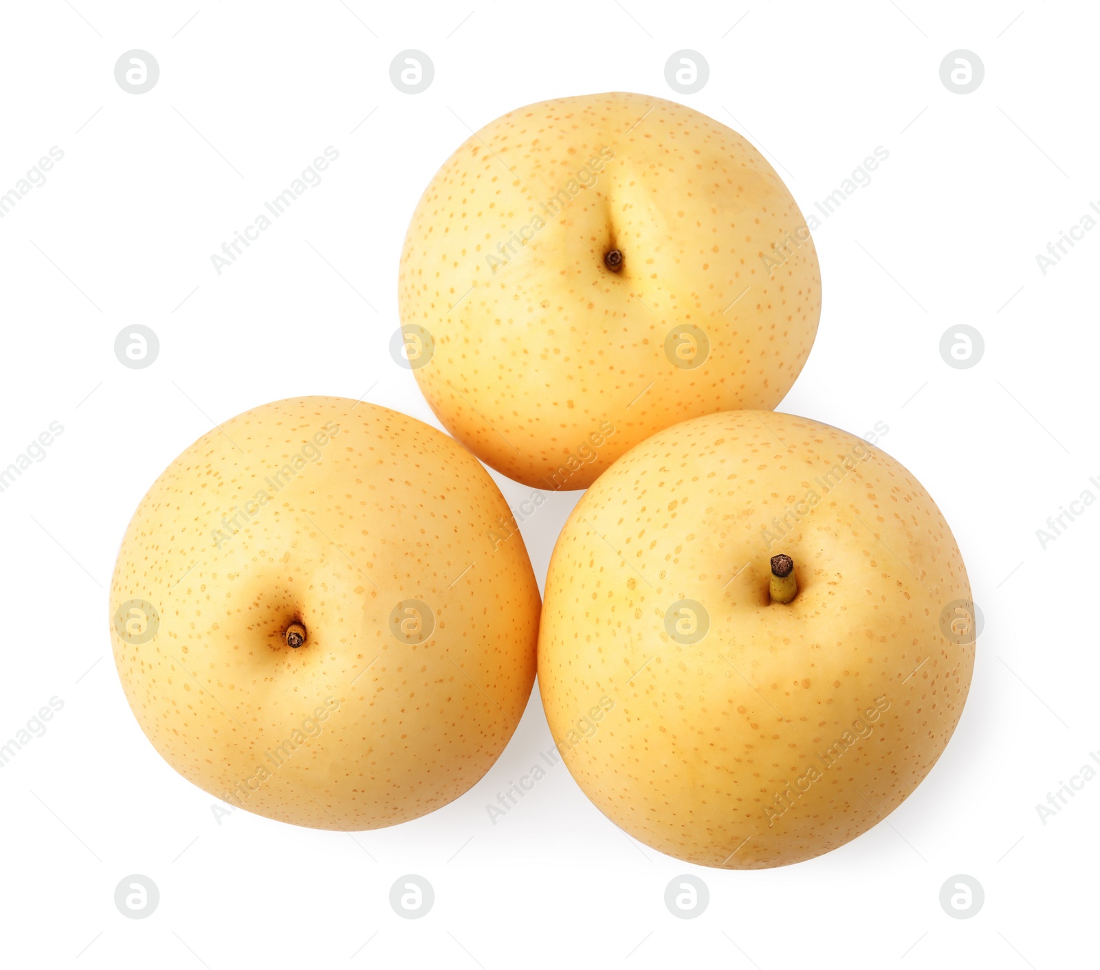 Photo of Many fresh ripe apple pears isolated on white, top view