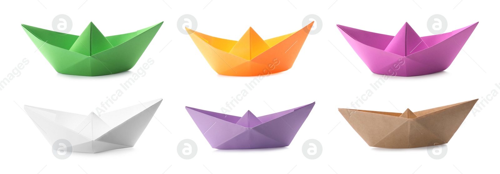 Image of Set with multicolor paper boats on white background. Banner design