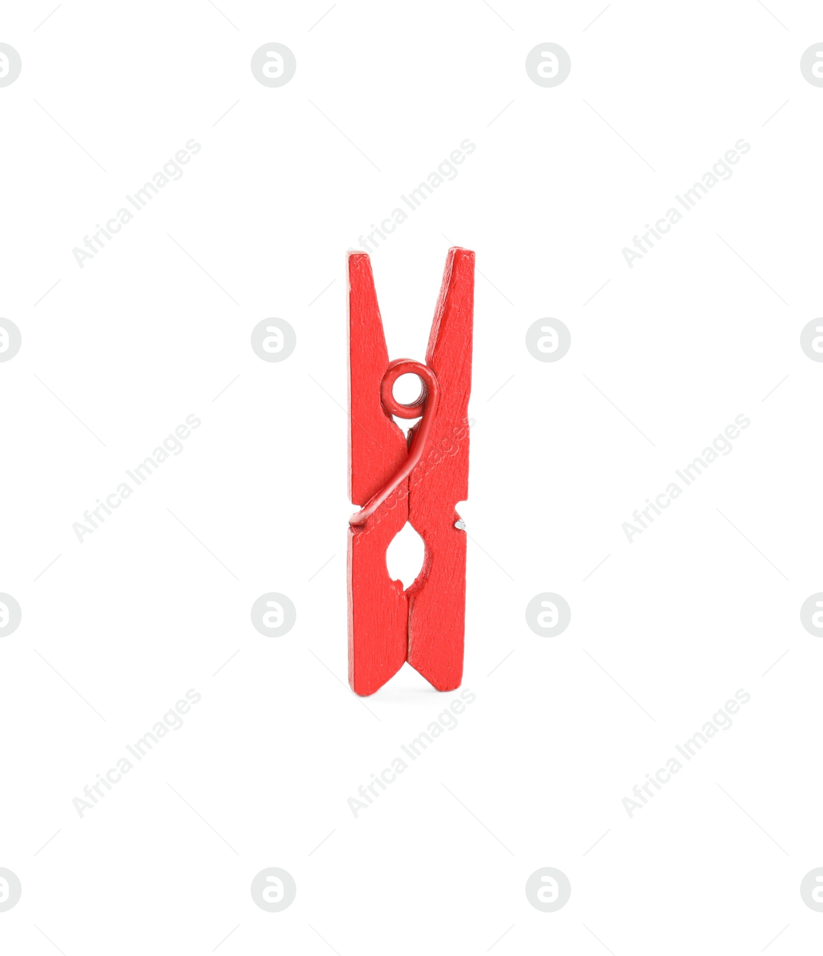 Photo of Bright red wooden clothespin isolated on white