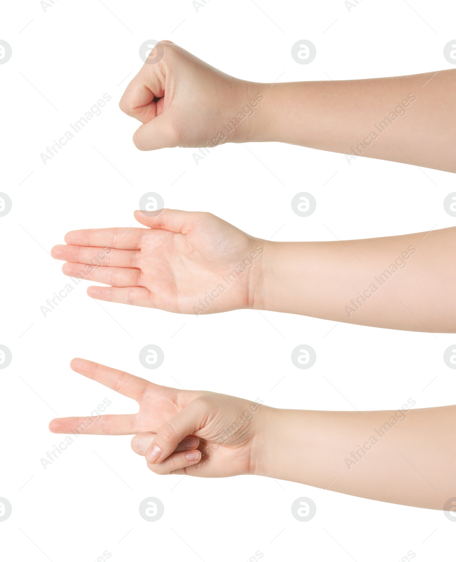 Image of People playing rock, paper and scissors on white background, closeup