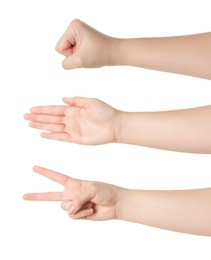 Image of People playing rock, paper and scissors on white background, closeup