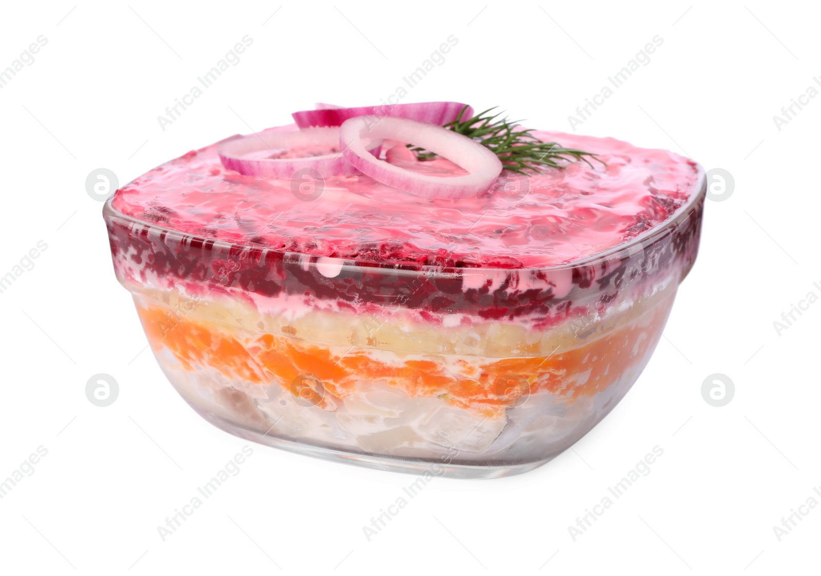 Photo of Herring under fur coat isolated on white. Traditional Russian salad