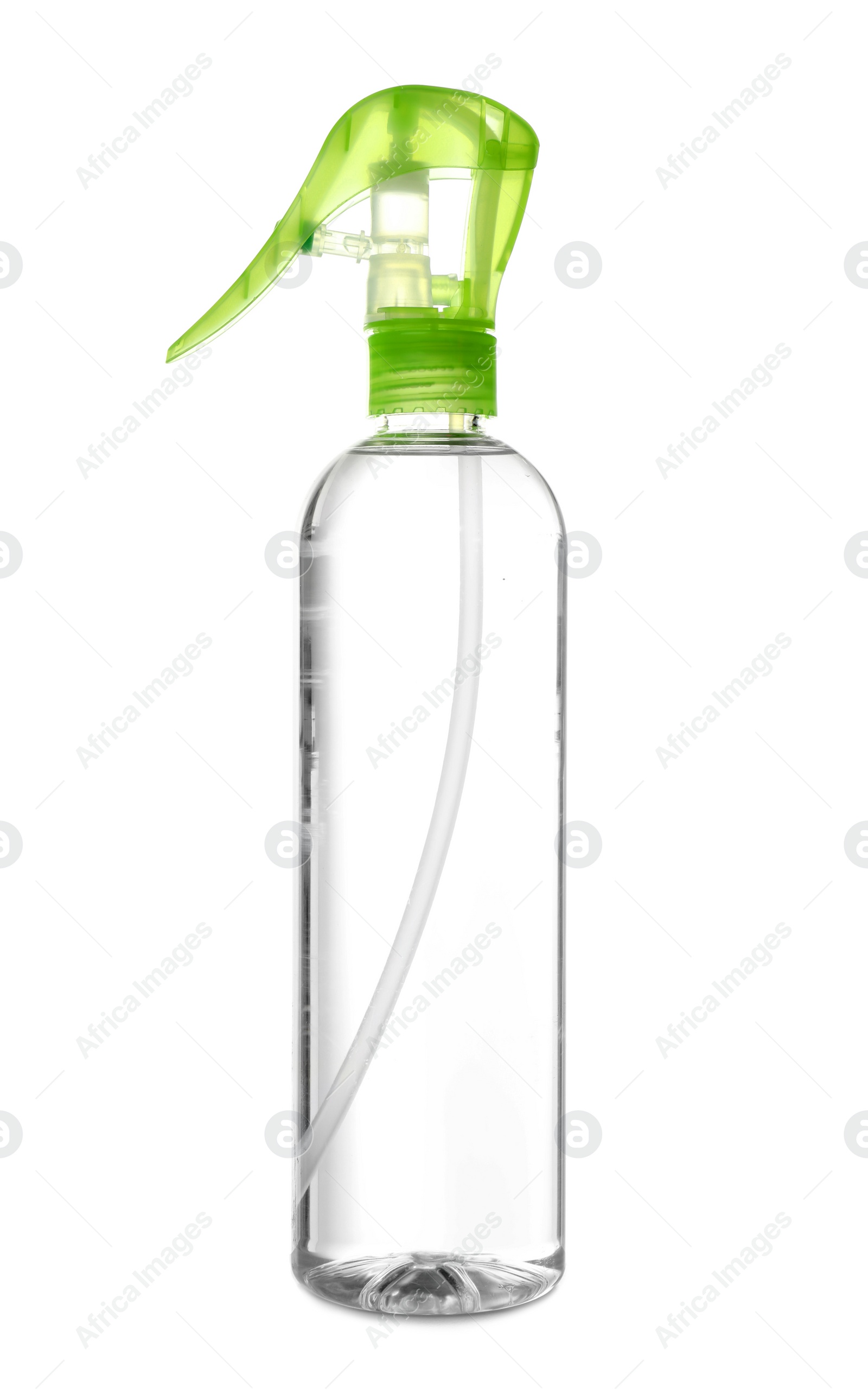 Photo of Spray bottle with detergent on white background. Cleaning supplies