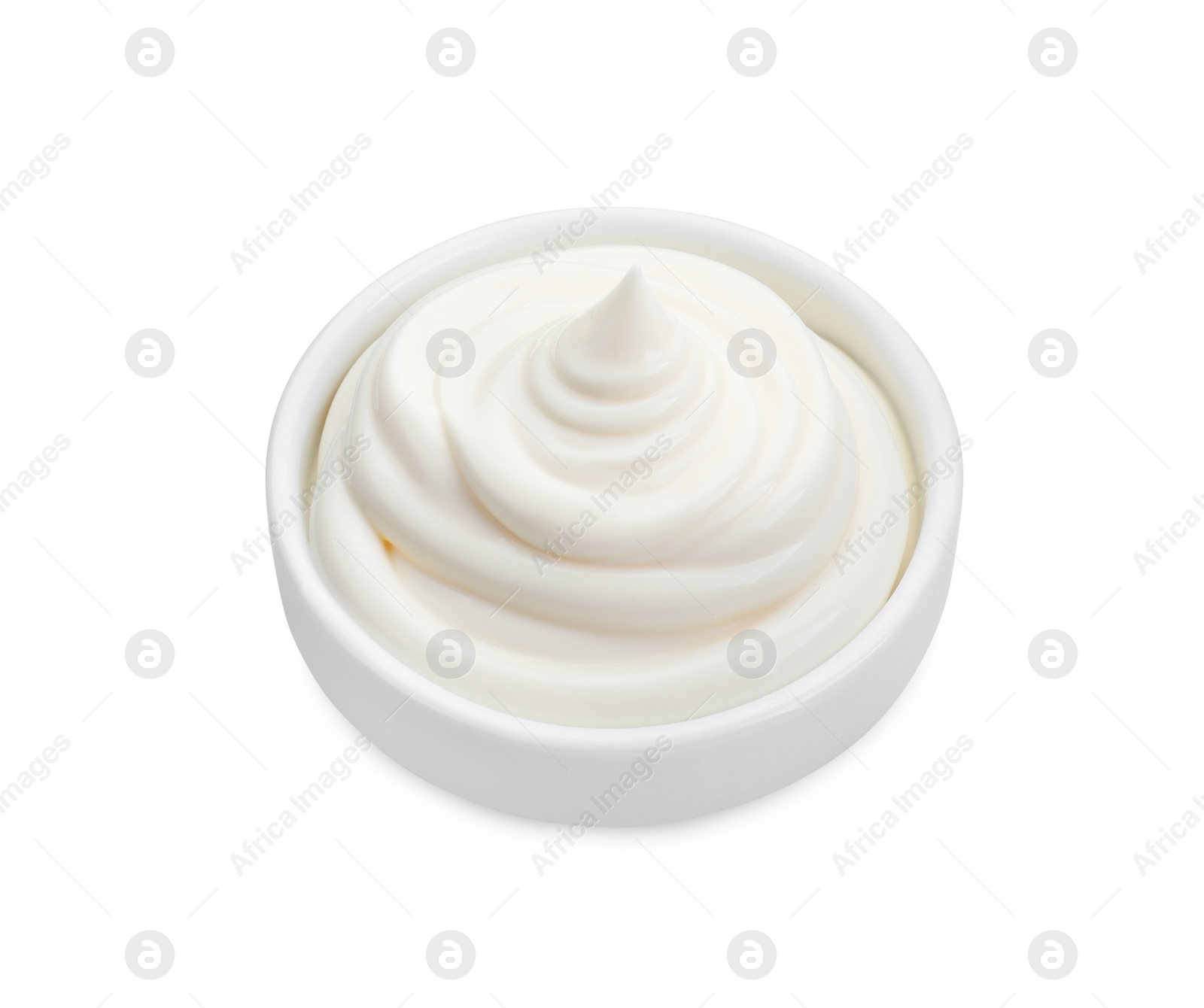 Photo of Fresh mayonnaise sauce in bowl isolated on white