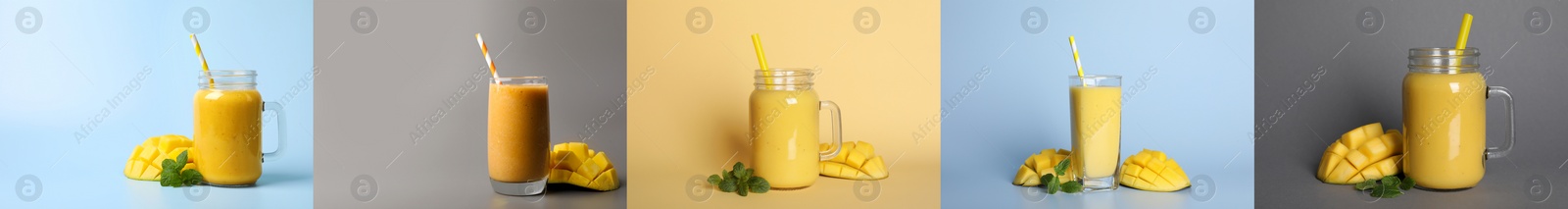 Image of Collage with mango smoothie on different color backgrounds. Banner design