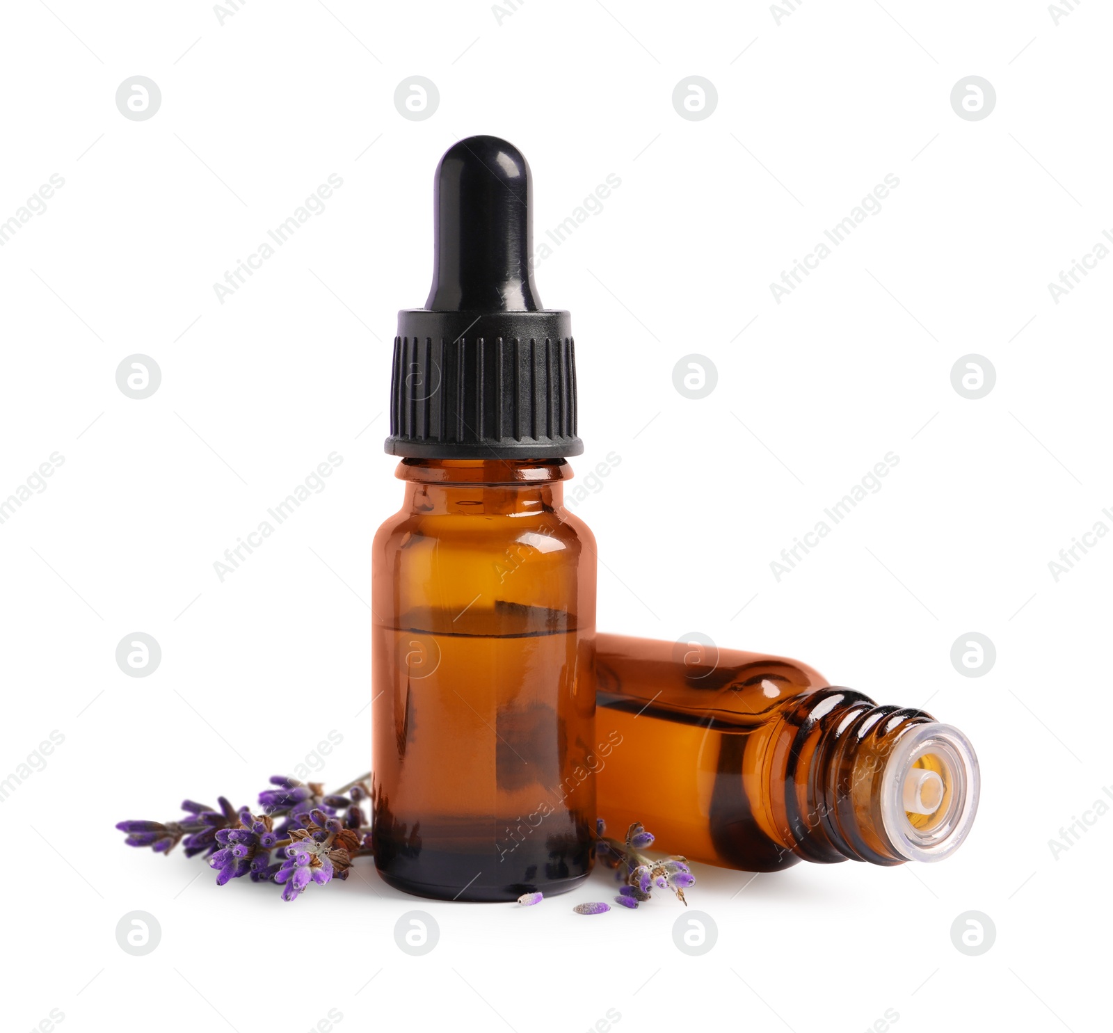 Photo of Essential oil and lavender flowers on white background