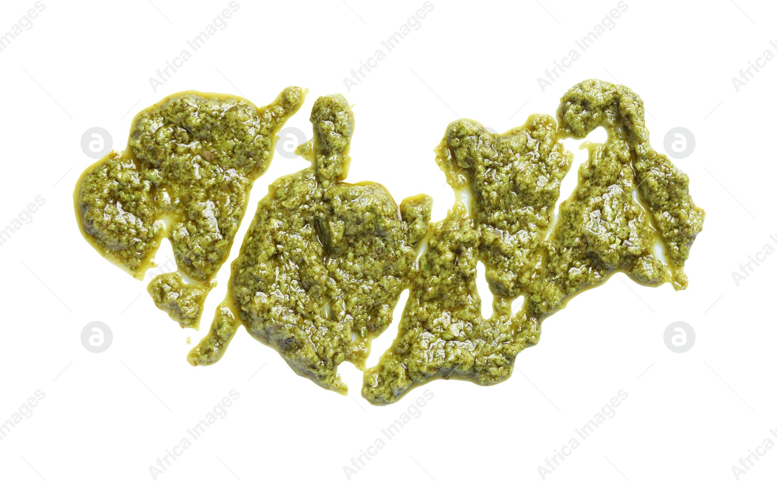 Photo of Sample of tasty pesto sauce isolated on white, top view