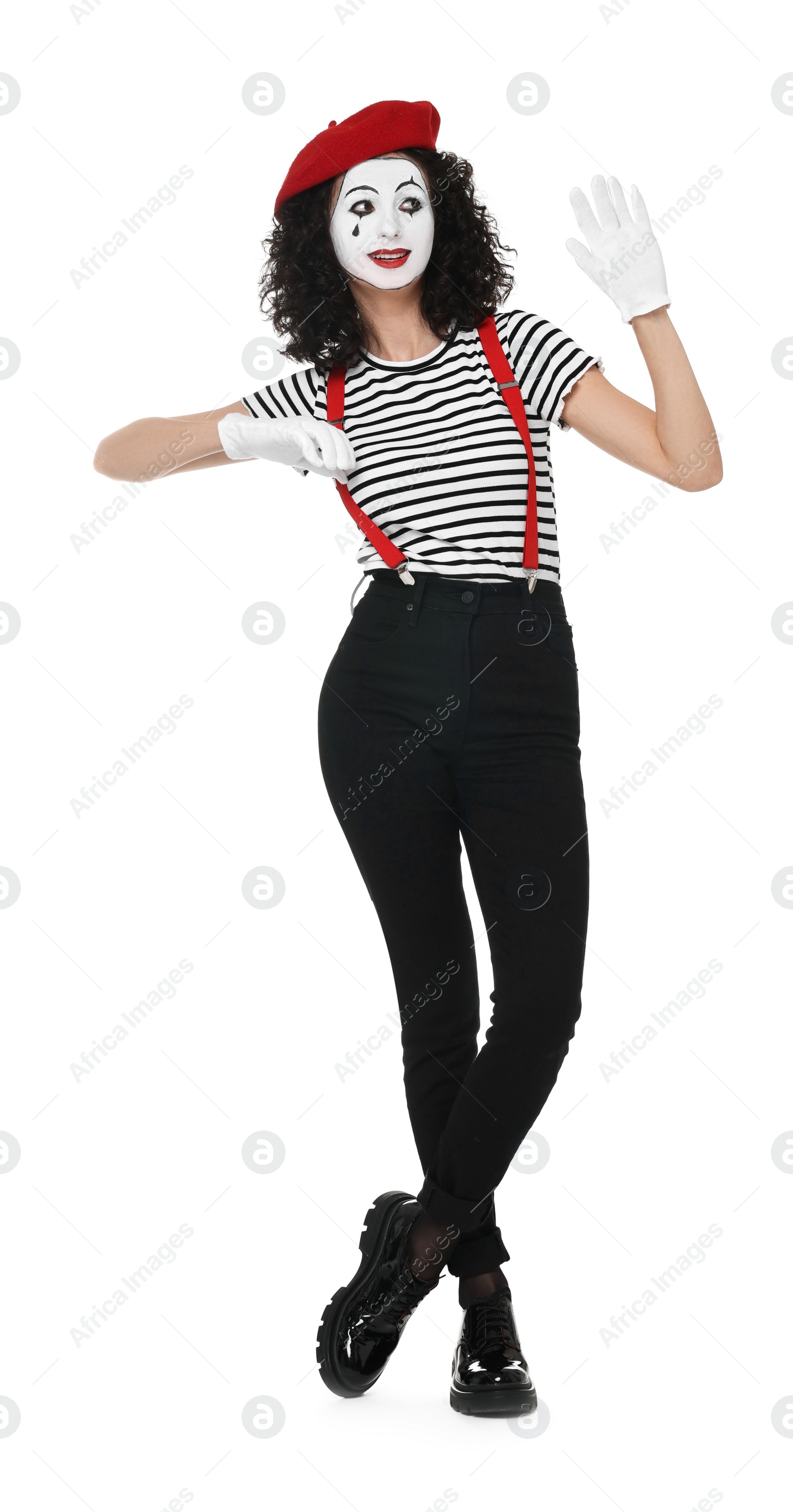 Photo of Funny mime with beret posing on white background