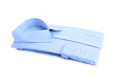 Stylish light blue shirt isolated on white. Dry-cleaning service