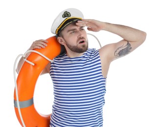 Young sailor with ring buoy on white background