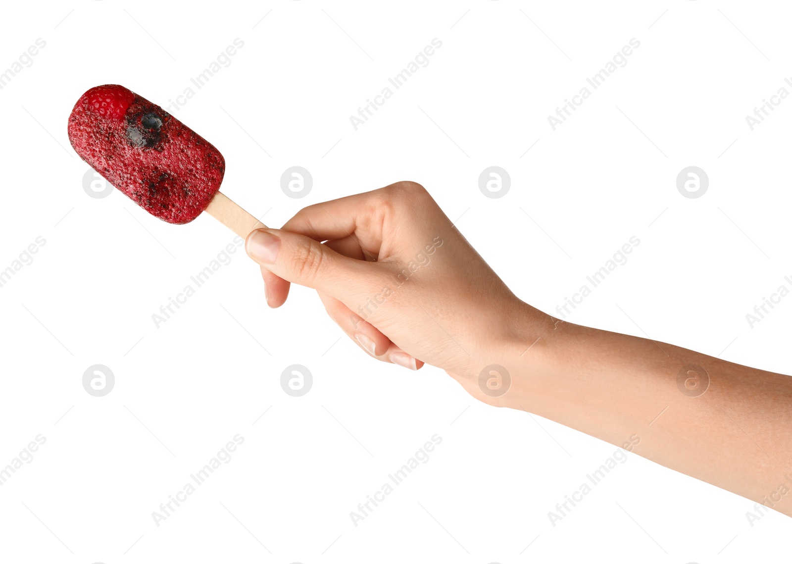 Photo of Woman holding tasty berry ice pop on white background, closeup. Fruit popsicle