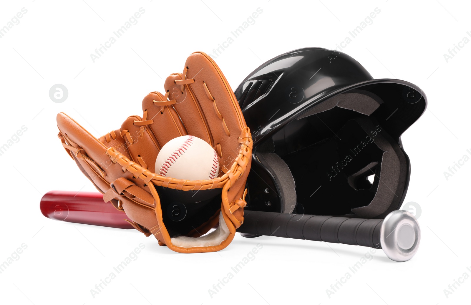 Photo of Baseball bat, ball, batting helmet and glove isolated on white