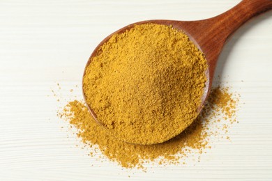 Photo of Curry powder in spoon on white wooden table, top view