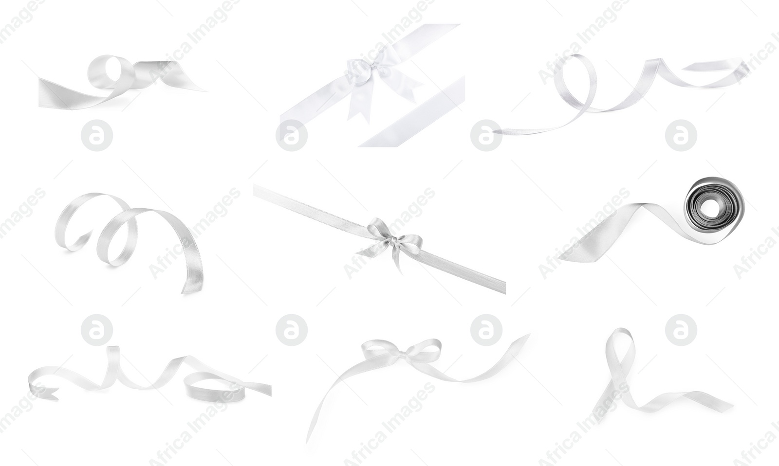 Image of White satin ribbons and bows isolated on white, set