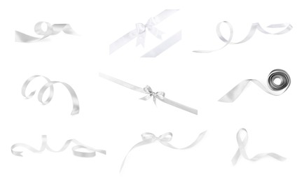 White satin ribbons and bows isolated on white, set