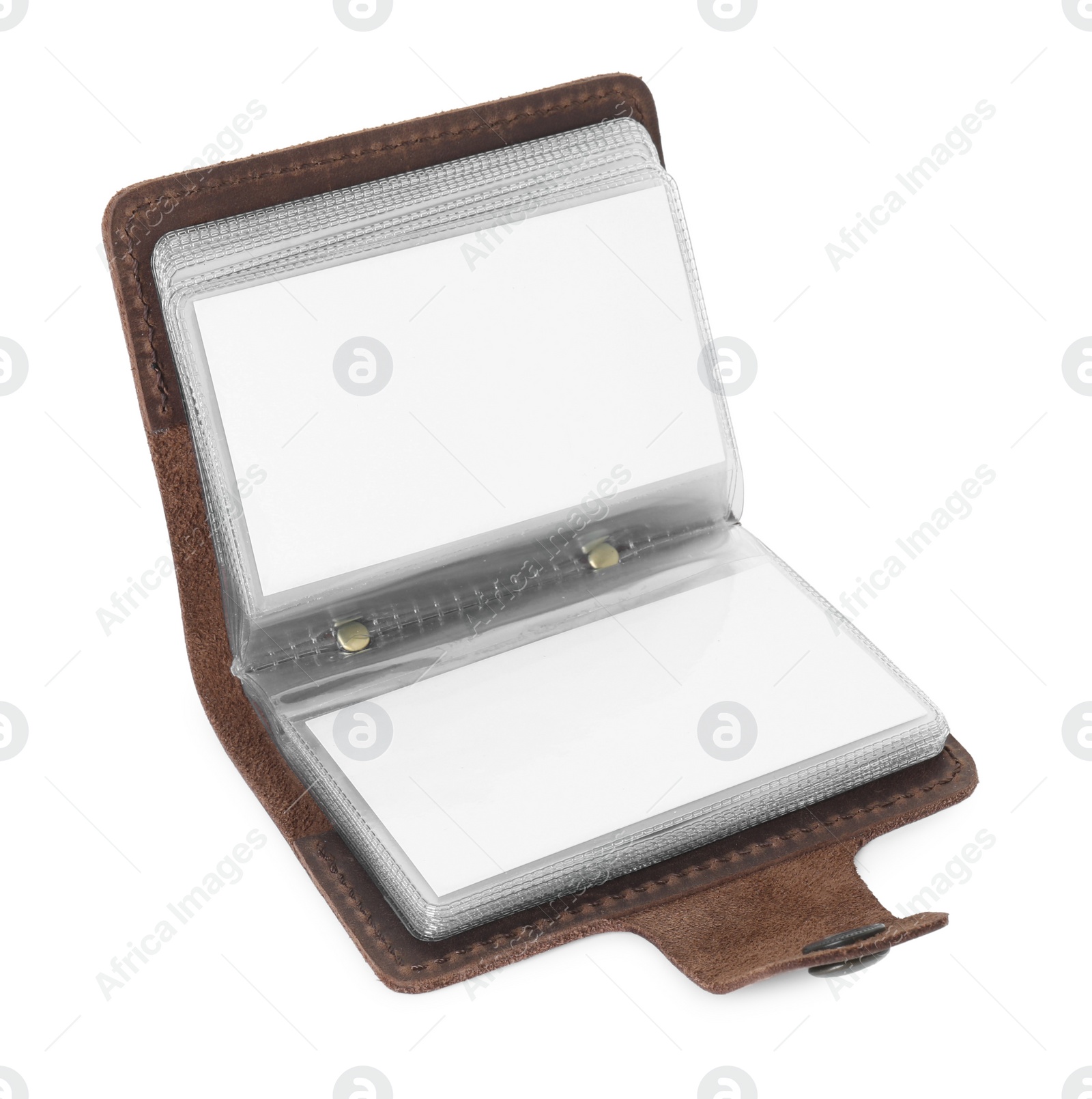 Photo of Leather business card holder with blank cards isolated on white