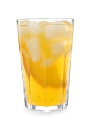 Photo of Delicious orange soda water on white background