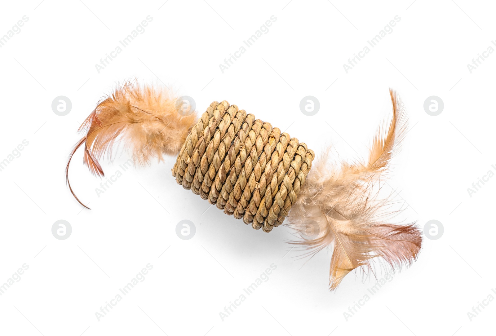 Photo of Straw toy with feathers for cat on white background. Pet accessory