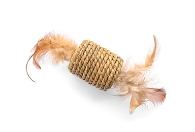 Straw toy with feathers for cat on white background. Pet accessory