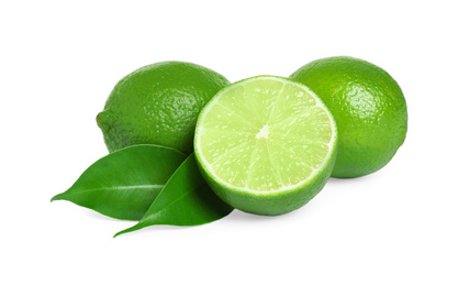 Photo of Fresh ripe green limes isolated on white
