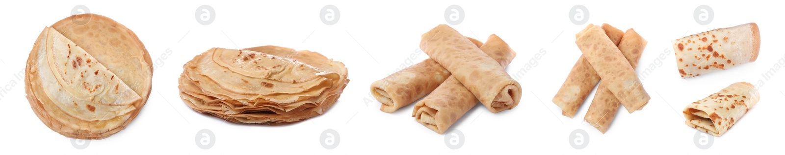 Image of Set of delicious crepes on white background. Banner design