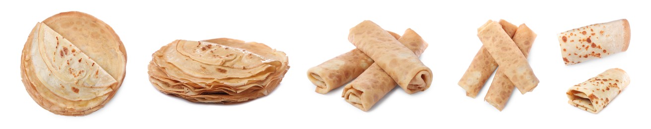 Image of Set of delicious crepes on white background. Banner design