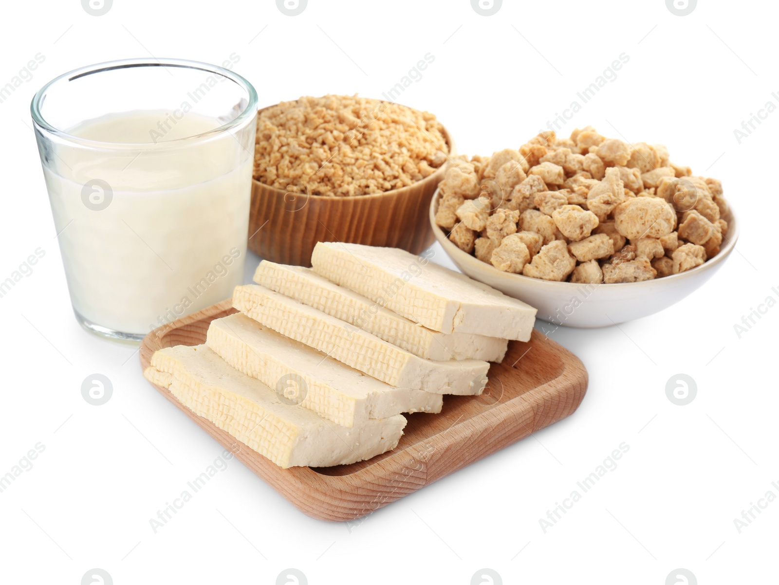 Photo of Different natural soy products on white background