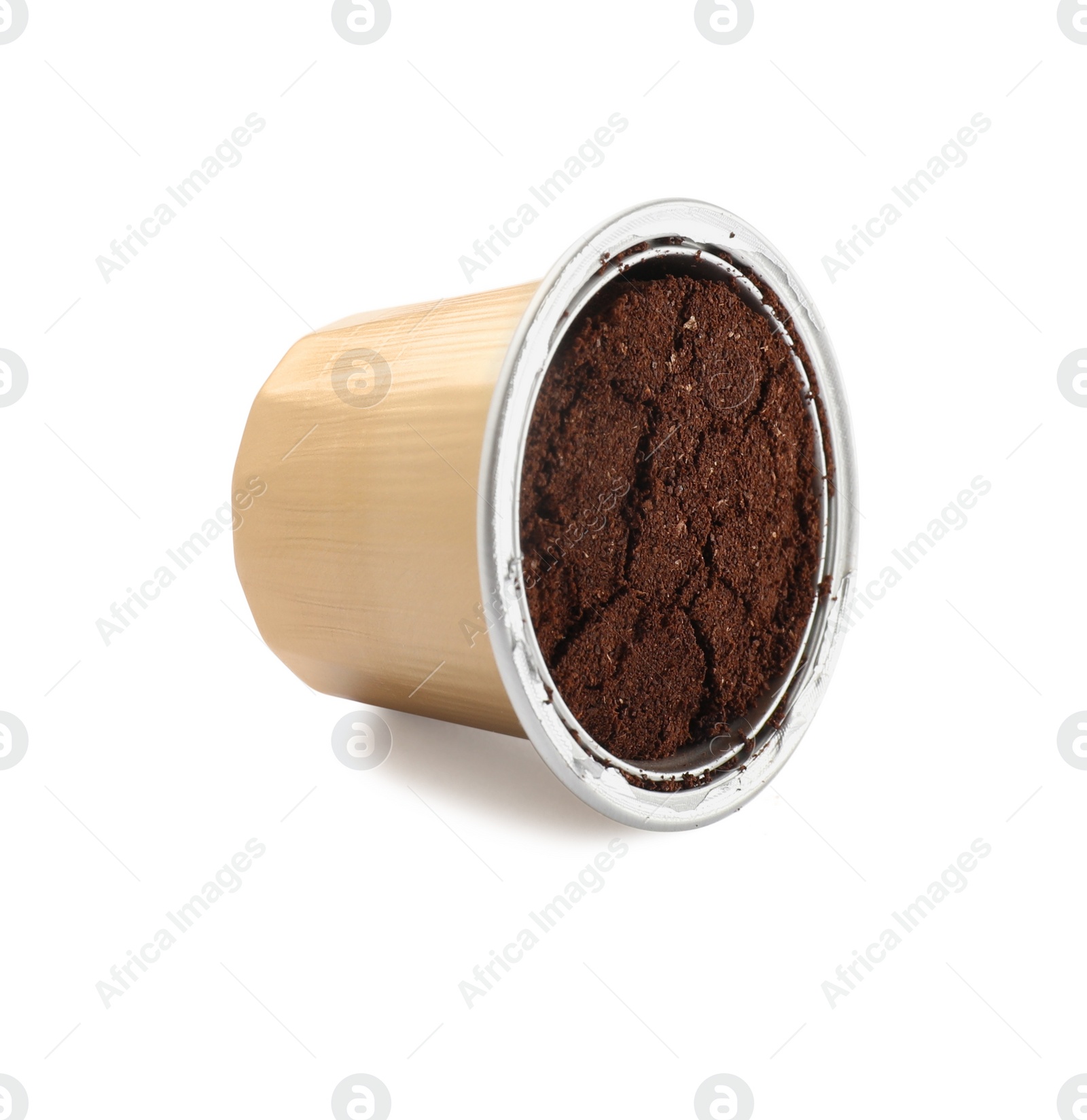 Photo of One open plastic coffee capsule isolated on white