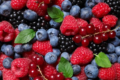 Assortment of fresh ripe berries with green leaves as background, top view